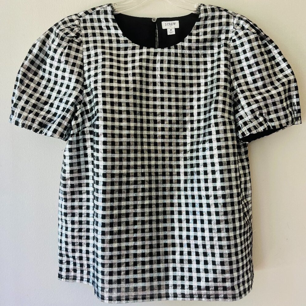 J. Crew Sz M Gingham Metallic Puff‎ Sleeve Blouse Top Lined Round Neck Pullover